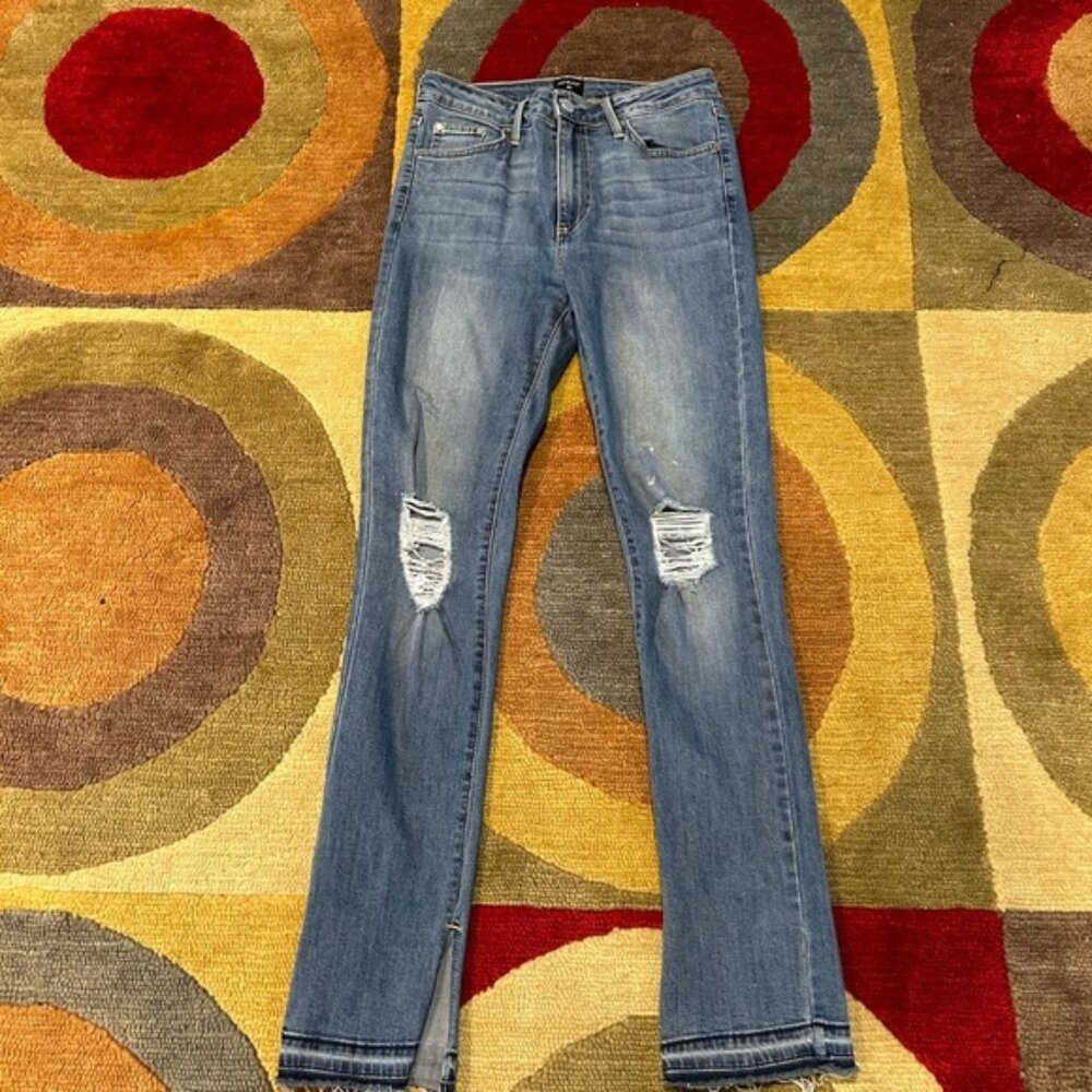 Just Black Denim Skinny Jeans Distressed Paint Medium Wash Cut Bottom Size 28